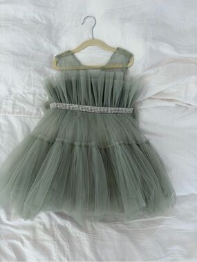 Girls Sage Green Tulle Party Dress with Rhinestone Waistband